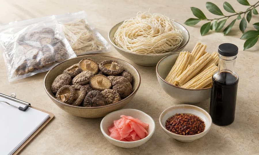 Asian food product sourcing samples including dried shiitake, noodles, bean curd, sushi ginger and soy sauce